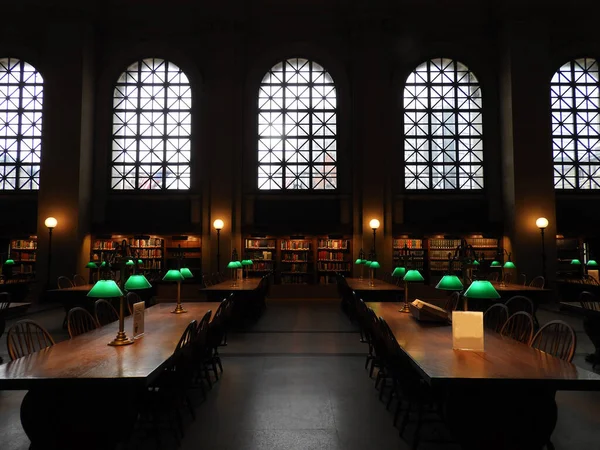 Intérieur Salle Lecture Avec Grands Bureaux Chaises Bois Une Ligne — Photo