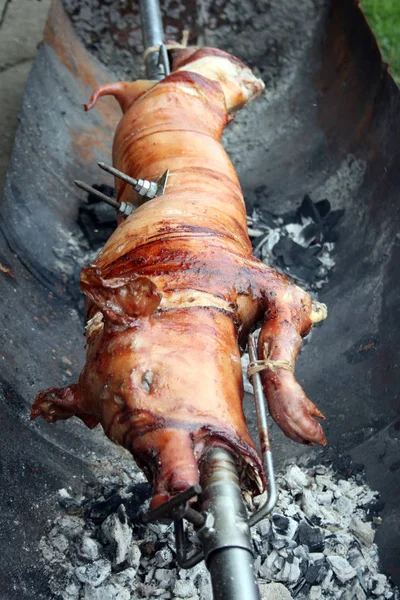 Piglet Roasting Spit Traditional Way Very Tasty — Stock Photo, Image