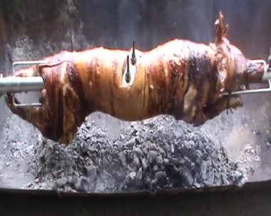 Tükürükte kavrulan bir domuz yavrusu, geleneksel yol, çok lezzetli