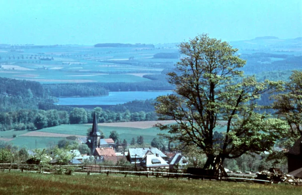 Landskap Med Landsby Nær Sjøen Retro Produksjon – stockfoto