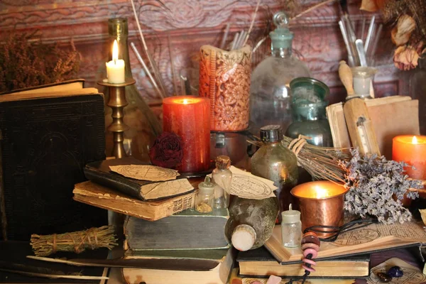 Black Magic Spells Wiccan Spells Herbs Still Live Old Oil — Stock Photo, Image