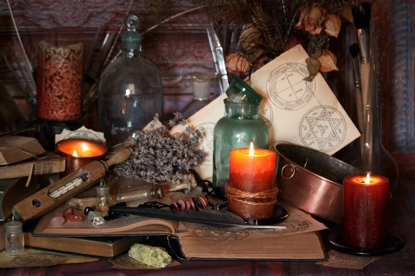 Black Magic Spells Wiccan Spells Herbs Still Live Old Oil — Stock Photo, Image