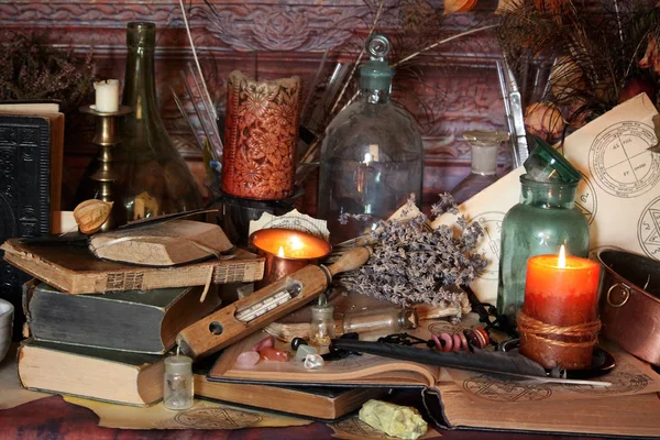 Black Magic Spells Wiccan Spells Herbs Still Live Old Oil — Stock Photo, Image