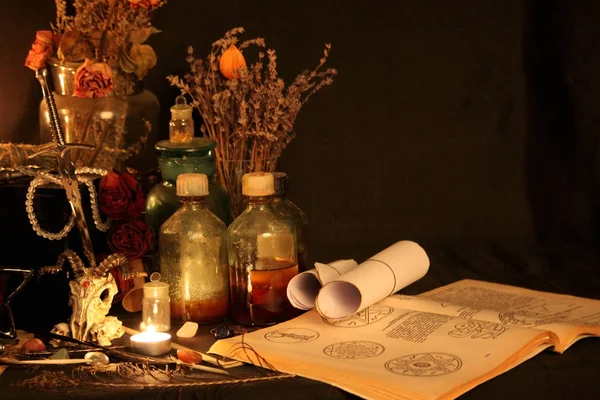 Black Magic Spells Wiccan Spells Herbs Still Live Old Oil — Stock Photo, Image