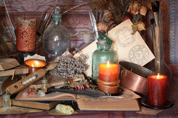 Μαύρη Μαγεία Ξόρκια Wiccan Ξόρκια Και Βότανα Ακόμα Live Παλιές Εικόνα Αρχείου
