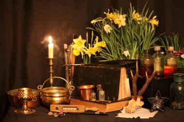 Kara büyü büyü. Wiccan büyüler ve otlar. Hala canlı: Eski yağ lambaları, antika kitap, bakır kase, ilaç şişeleri, lavanta, Pulsatilla pratensis bir antika arka plan üzerinde yanan bir muma gül tomurcukları kurutulmuş. Wicca arka plan.
