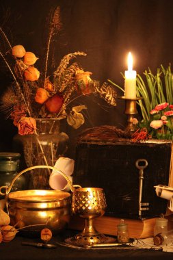 Kara büyü büyü. Wiccan büyüler ve otlar. Hala canlı: Eski yağ lambaları, antika kitap, bakır kase, ilaç şişeleri, lavanta, Pulsatilla pratensis bir antika arka plan üzerinde yanan bir muma gül tomurcukları kurutulmuş. Wicca arka plan.