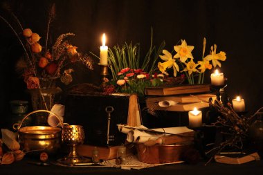 Kara büyü büyü. Wiccan büyüler ve otlar. Hala canlı: Eski yağ lambaları, antika kitap, bakır kase, ilaç şişeleri, lavanta, Pulsatilla pratensis bir antika arka plan üzerinde yanan bir muma gül tomurcukları kurutulmuş. Wicca arka plan.