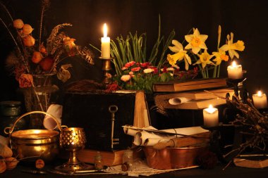 Kara büyü büyü. Wiccan büyüler ve otlar. Hala canlı: Eski yağ lambaları, antika kitap, bakır kase, ilaç şişeleri, lavanta, Pulsatilla pratensis bir antika arka plan üzerinde yanan bir muma gül tomurcukları kurutulmuş. Wicca arka plan.