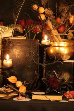 Kara büyü büyü. Wiccan büyüler ve otlar. Hala canlı: Eski yağ lambaları, antika kitap, bakır kase, ilaç şişeleri, lavanta, Pulsatilla pratensis bir antika arka plan üzerinde yanan bir muma gül tomurcukları kurutulmuş. Wicca arka plan.