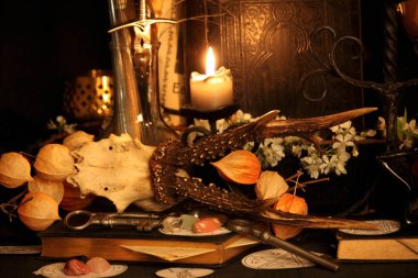 Kara büyü büyü. Wiccan büyüler ve otlar. Hala canlı: Eski yağ lambaları, antika kitap, bakır kase, ilaç şişeleri, lavanta, Pulsatilla pratensis bir antika arka plan üzerinde yanan bir muma gül tomurcukları kurutulmuş. Wicca arka plan.