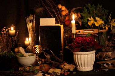 Kara büyü büyü. Wiccan büyüler ve otlar. Hala canlı: Eski yağ lambaları, antika kitap, bakır kase, ilaç şişeleri, lavanta, Pulsatilla pratensis bir antika arka plan üzerinde yanan bir muma gül tomurcukları kurutulmuş. Wicca arka plan.