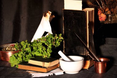 Kara büyü büyü. Wiccan büyüler ve otlar. Hala canlı: Eski yağ lambaları, antika kitap, bakır kase, ilaç şişeleri, lavanta, Pulsatilla pratensis bir antika arka plan üzerinde yanan bir muma gül tomurcukları kurutulmuş. Wicca arka plan.