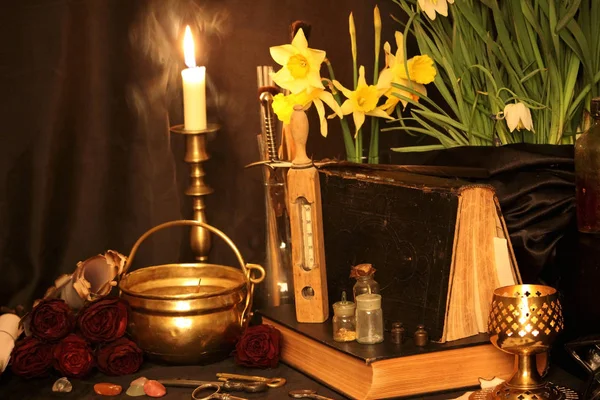 Black Magic Spells Wiccan Spells Herbs Still Live Old Oil — Stock Photo, Image