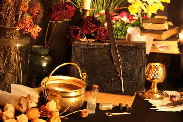 Чёрная магия. Викканские заклинания и травы. Still Live: Старые масляные линзы, старинные книги, высушенные бутоны роз, горящая свеча в медной чаше, бутылки с лекарствами, лаванда, пульсация на старинном фоне. Викка фон
.