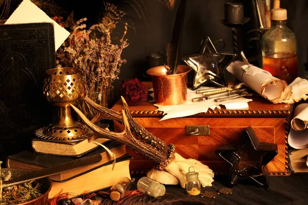 Black Magic Spells Wiccan Spells Herbs Still Live Old Oil — Stock Photo, Image