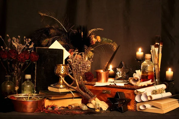 Black Magic Spells Wiccan Spells Herbs Still Live Old Oil — Stock Photo, Image