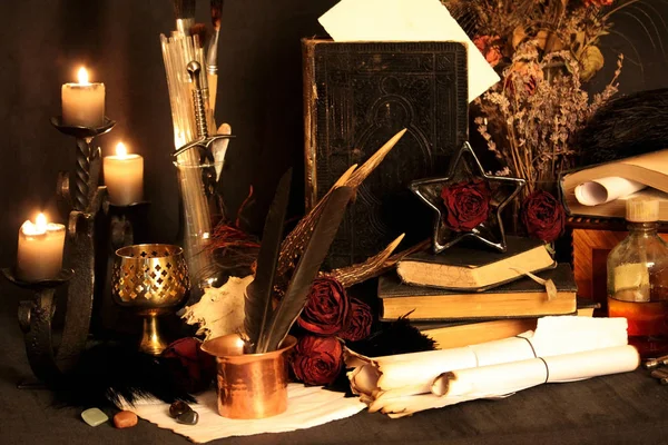 Black Magic Spells Wiccan Spells Herbs Still Live Old Oil — Stock Photo, Image