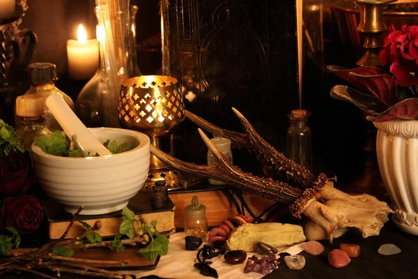 Black Magic Spells Wiccan Spells Herbs Still Live Old Oil — Stock Photo, Image