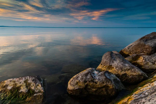 Lago Balaton Puesta Del Sol Naturaleza Vista Panorámica — Foto de Stock