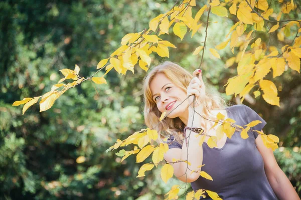 Çekici Kadın Sonbahar Şehir Parkında Sarı Yapraklarla Oynuyor — Stok fotoğraf