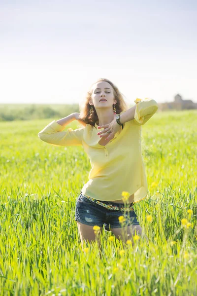 Young Blond Hair Woman Poses Summer Green Wheat Field Young Stock Picture