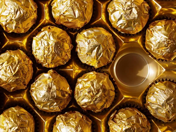 Chocolate Balls Gold Foil View Top One Empty Place Candy — Stock Photo, Image