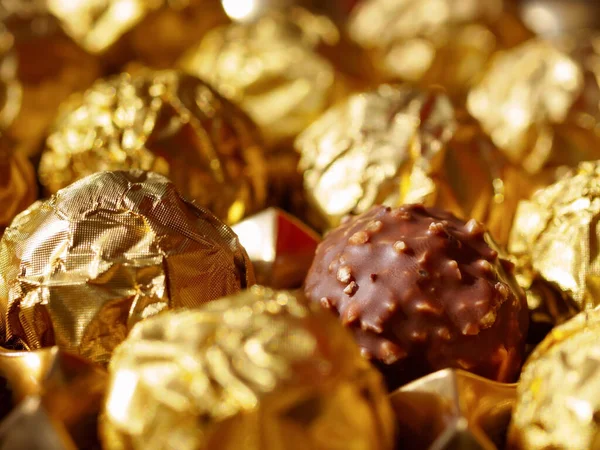 Chocolate Balls Gold Foil View Top One Praline Open Wrapper — Stock Photo, Image