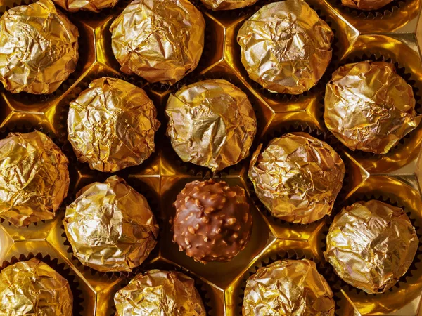 Chocolate Balls Gold Foil View Top One Praline Open Wrapper — Stock Photo, Image