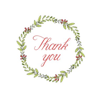 vektör çizim çiçek çelenk ve kaligrafi ile romantik teşekkür ederim kartı