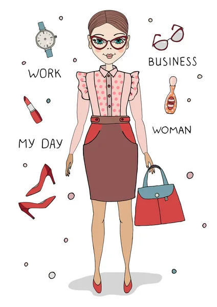 Vector Illustration Cute Business Woman Office Clothes Set Accessorieson White — Stock Vector