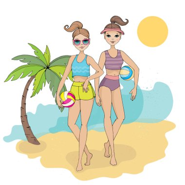resimde iki sevimli genç kadınlar basketbol topu ile yaz sahilde vektör