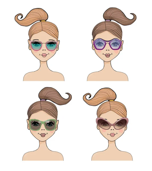 Illustration Vectorielle Jeune Fille Mignonne Avec Quatre Différents Styles Lunettes — Image vectorielle