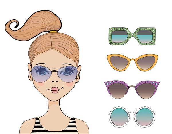 白い背景の上の異なる種類のサングラスのセットとかわいい女の子のベクトル イラスト — ストックベクタ