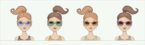 白い背景の上の異なる種類のサングラスのセットとかわいい女の子のベクトル イラスト — ストックベクタ