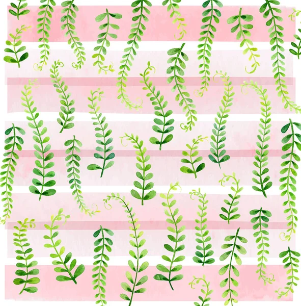 水彩画自然图案与绿色的分支在柔和的粉红色条纹 — 图库照片