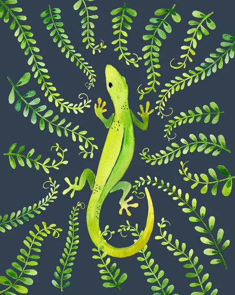 Watercolor Illustration Green Geckos Ang Foliage Dark Blue — Stock Photo, Image