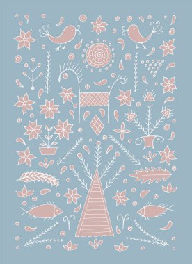 modern mavi arka plan üzerinde renkli halk retro barışçıl çiçek etnik desen 