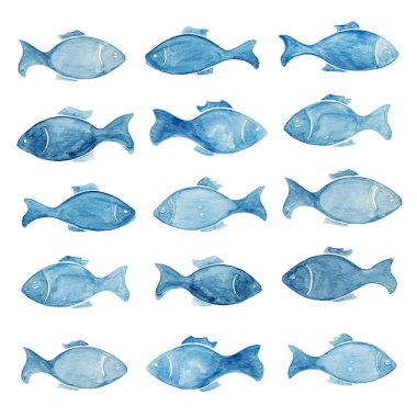 beyaz izole mavi okyanus balık ile soyut suluboya arka plan