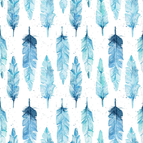 Acuarela Ilustración Plumas Azules Patrón Sin Costuras — Foto de Stock