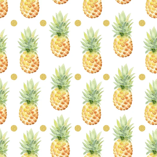 Tropical Watercolor Pineapple Seamless Pattern Gold Dots White Background — Stock Photo, Image