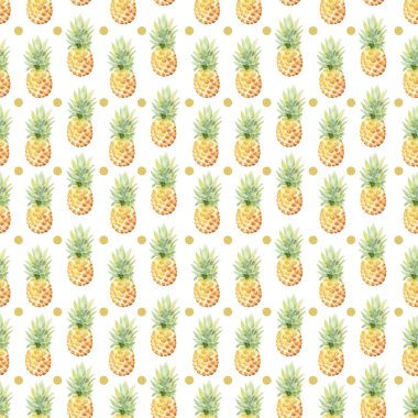 beyaz arka plan üzerinde altın nokta ile tropikal suluboya ananas dikişsiz desen 