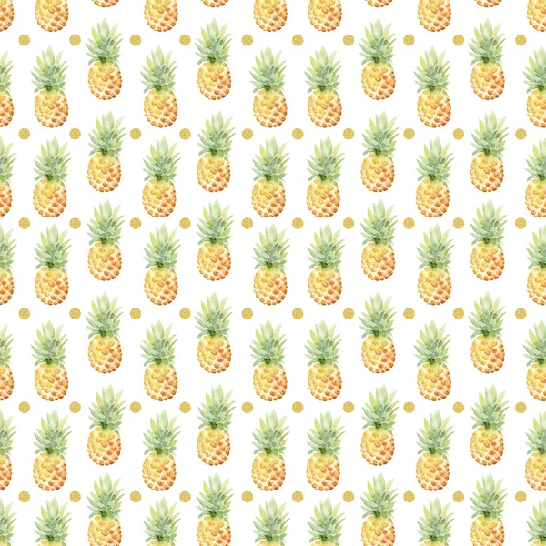 Tropical Watercolor Pineapple Seamless Pattern Gold Dots White Background — Stock Photo, Image