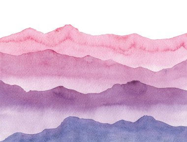 Suluboya el çizimi pembe ve menekşe dalgalı dağlar.
