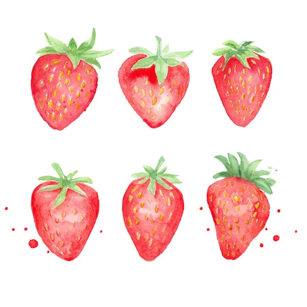 Set Six Juicy Strawberries Watercolor Illustration Isolated White — Stock Photo, Image