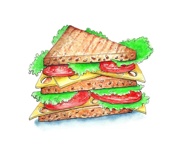 Vereinzelte Aquarellskizze Mit Sandwich Auf Weißem Hintergrund Leckere Und Vegetarische — Stockfoto