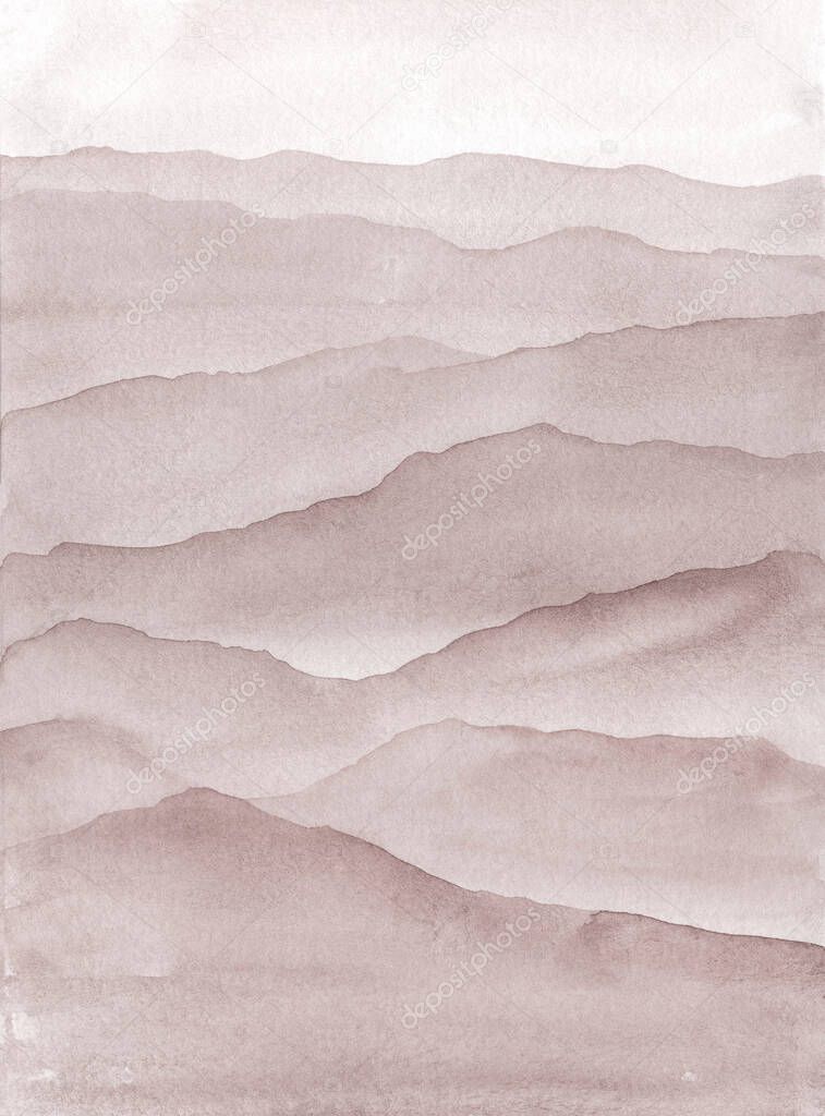 Sepia watercolor Mountains in fog hand drawn illustration 