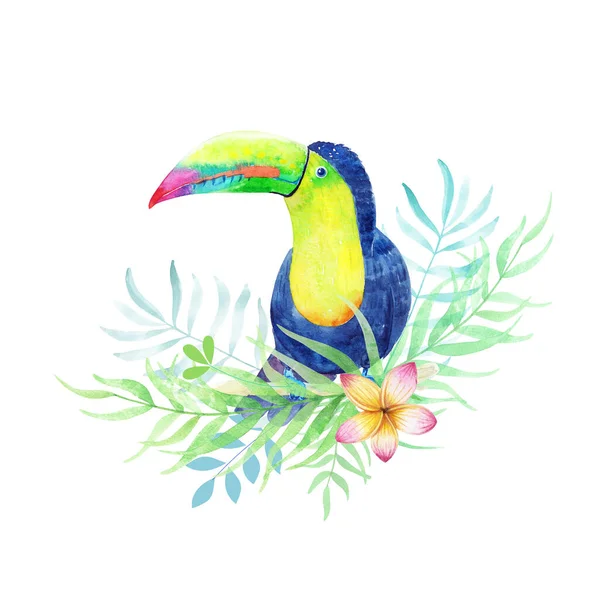 Toucan Roztomilý Pták Akvarel Tropických Listech — Stock fotografie