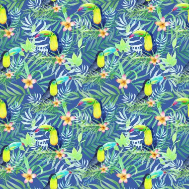 Mavi yapraklı suluboya Tukanları kusursuz desen 