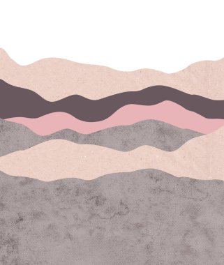 Minimalist Soyut Peyzaj Arkaplanı. Tarafsız toprak tonlarında yumuşak dalgalı şekillere sahip modern soyut minimalist arka plan, kızarık pembe ve desenli gri..